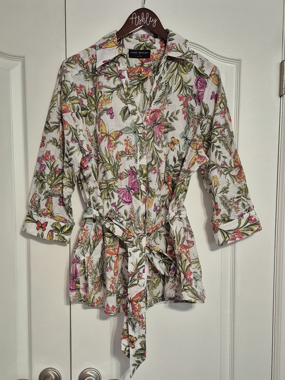 LANE BRYANT White Cotton Floral-Print Tie-Waist Shirt